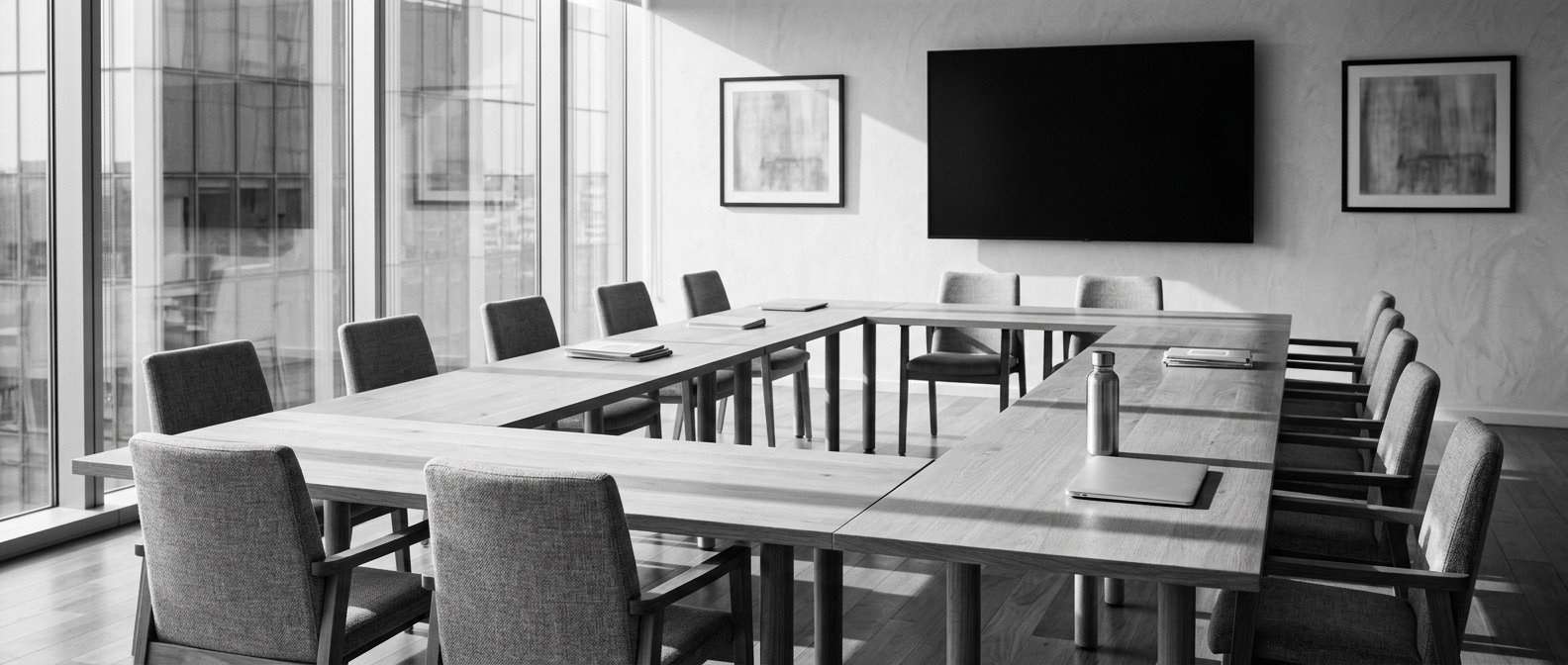 Aula de formación con mesas en forma de U, en blanco y negro